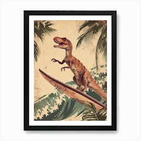 Vintage T Rex Dinosaur On A Surf Board 3 Art Print