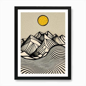 A minimalist pen and ink drawing of a mountainous Art Print