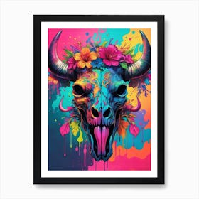 Floral Bull Skull Neon Iridescent Painting (32) Art Print