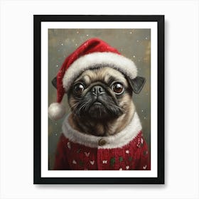 Pug In Christmas Jumper And Santa Hat 1 Art Print