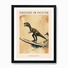 Vintage Dryosaurus Dinosaur On A Surf Board 2 Poster Art Print