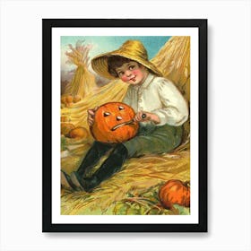 Village Boy Is Carving A Pumpkin For A Coming Holiday Art Print