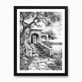 The Oasis On Lake Travis Austin Texas Black And White Drawing 4 Art Print