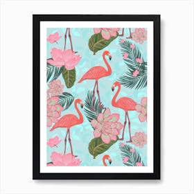 Flamingos Lotus Flower Art Print