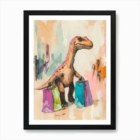 Dinosaur With Shopping Bags Pastel Brushstroke 1 Art Print