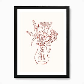 Red Fine Line Vase Flower Poster Art Print