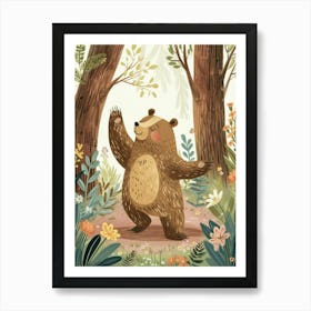 Sloth Bear Dancing In The Woods Storybook Illustration 3 Art Print