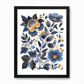 Blue And Gold Floral Print Art Print