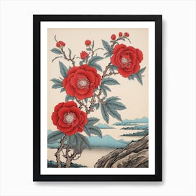 Higanatsu Red Camellia3 Vintage Japanese Botanical Art Print