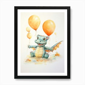 Crocodile Flying With Autumn Fall Pumpkins And Balloons Watercolour Nursery 2 Art Print