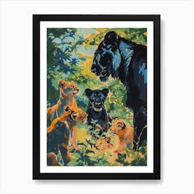 Black Lion Interaction With Other Wildlife Fauvist Painting 2 Art Print