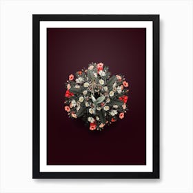 Vintage Brown Widelip Orchid Floral Wreath on Wine Red n.0403 Art Print