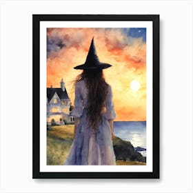 Sally Returning Home to Owens House Practical Magic - White Romantic Victorian Mansion by the Sea - Gillian Awaits - The Sun Setting Perfect Witchcraft Gallery Feature Wall Witchy Art Pagan Watercolor Wicca Wheel of the Year HD Art Print