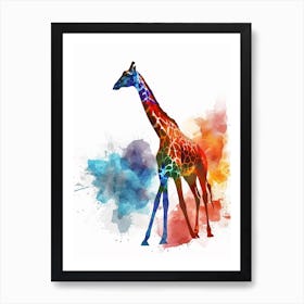 Giraffe Blue & Red Watercolour Paint Splash Art Print