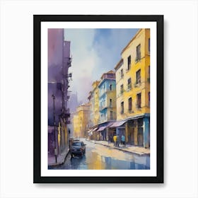Colored Painting Of A Cityscape,Indigo And Yellow,Purple (23) Art Print