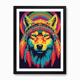 Indian Wolf Retro Style Colourful 1 Art Print