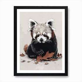 Red Panda Cub Playing With A Fallen Leaf Ink Illustration 2 Art Print