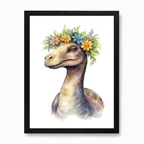 Brachiosaurus With A Crown Of Flowers Cute Dinosaur Watercolour 2 Art Print