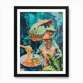 Dinosaur Eating Ramen Blue Brushstroke 2 Art Print