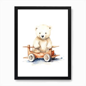 Baby Polar Bear On A Toy Car, Watercolour Nursery 0 Art Print