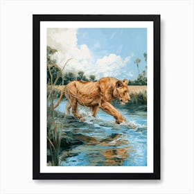 African Lion Relief Illustration Crossing A River 2 Art Print