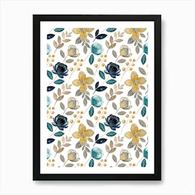 Blue And Yellow Floral Pattern.Colorful roses. Flower day. artistic work. A gift for someone you love. Decorate the place with art. Imprint of a beautiful artist. Art Print