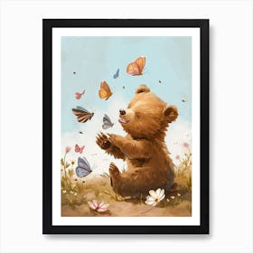 Brown Bear Cub Playing With Butterflies Storybook Illustration 4 Art Print