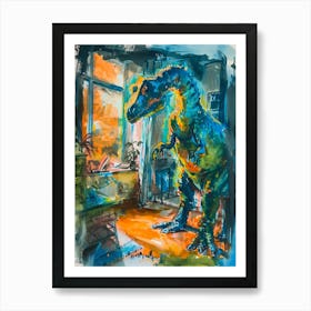 Dinosaur In The House Gouache Watercolour Art Print