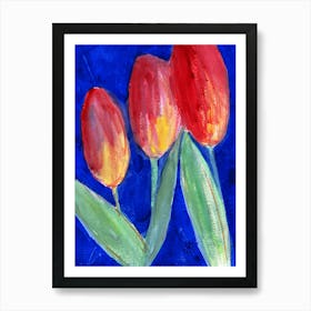 Tulips On Blue - red blue green floral flowers vertical Art Print