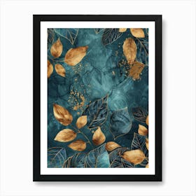 Autumn Leaves On A Blue Background 2 Art Print