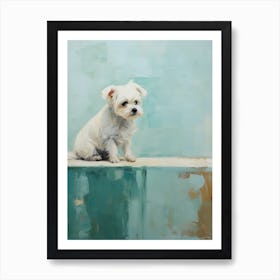 Maltese Dog, Painting In Light Teal And Brown 0 Art Print
