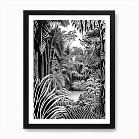Nong Nooch Tropical Garden, Thailand Linocut Black And White Vintage Art Print