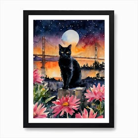 A Black Cat in San Francisco Bay by The Golden Gate Bridge on a Full Moon Iconic California USA Traditional Watercolor Art Print Cityscape Kitty Travels Home and Room Wall Art Cool Decor Klimt and Matisse Inspired Modern Awesome Cool Unique Pagan Witchy Witches Familiar Gift For Cats Lady Animal Lovers World Travelling Genuine Works by British Watercolour Artist Lyra O'Brien Art Print