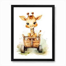 Baby Giraffe On Toy Car, Watercolour Nursery 0 Art Print
