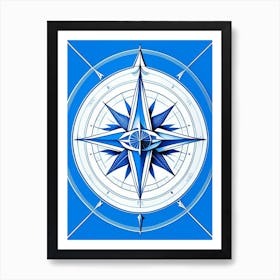 Compass Symbol Blue And White Line Drawing Art Print