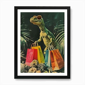 Dinosaur With Shopping Bags Retro Collage Art Print