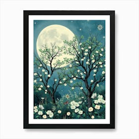 Full Moon With Flowers Art Print