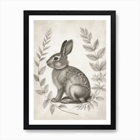 English Silver Blockprint Rabbit Illustration 5 Art Print