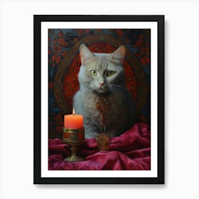 Medieval Cat With Candle Romantesque Style Art Print