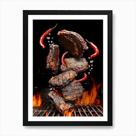 BBQ, Grilled pork, beef steaks — Food kitchen poster/blackboard, photo art Art Print