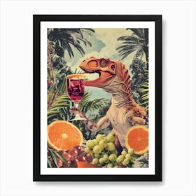 Dinosaur Drinking Wine Retro Collage 1 Art Print