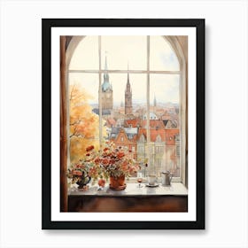 Window View Of Copenhagen Denmark In Autumn Fall, Watercolour 4 Art Print