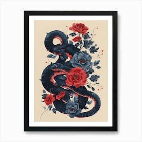 Snake And Roses Art Print