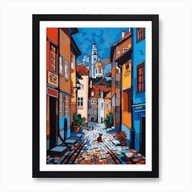 Painting Of Prague With A Cat In The Style Of Post Modernism 2 Art Print