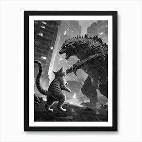 Cat Fight On Godzilla Art Print