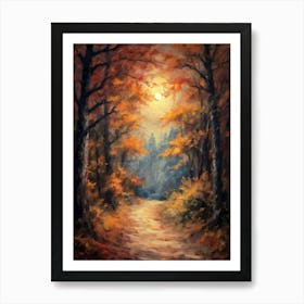 Full Moon Over A Path Through an Autumn Forest Painting | Fall Halloween Wall Art Decor | Witchy Vibrant October Woods Art Print