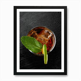 Rum cocktail with cola and mint — Food kitchen poster/blackboard, photo art Art Print