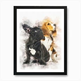 Young Beagle And Black French Bulldog Puppy Art Print