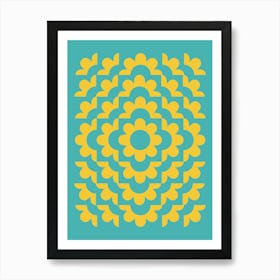 Midcentury Modern Abstract Geometric Flower Pattern Floral in blue teal mustard 2 Art Print