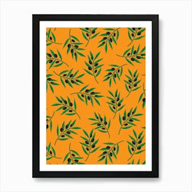 Scattered Olive Branches Black Olives on Bright Orange Art Print